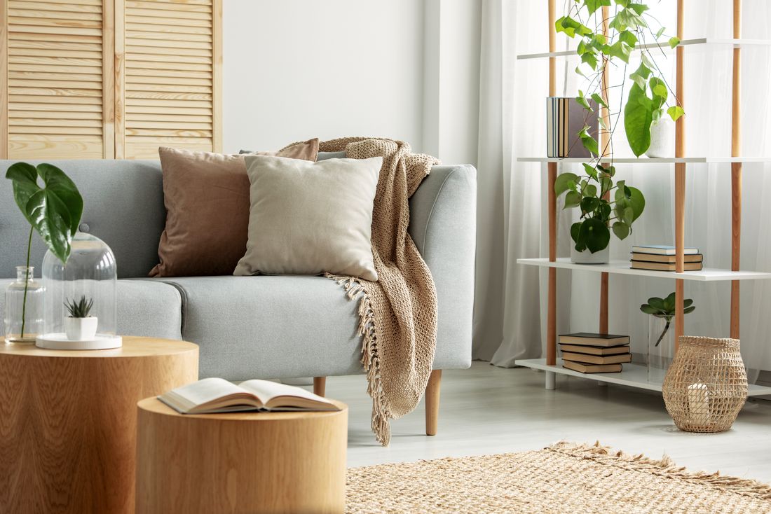 Light gray sofa with beige and brown pillows and a knit throw, wooden side tables, plants, and a woven rug.